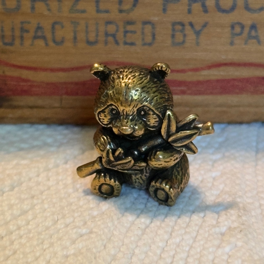 BG17 Panda Figurine Brass Tone Sitting Bamboo Bear Vintage Small 1 Inch Decor